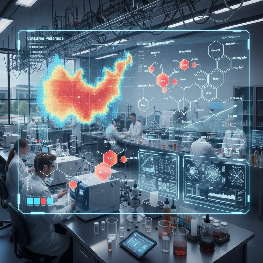 Un tableau de bord de visualisation de haute technologie sur la recherche et le développement des arômes présentant des données en temps réel sur les composés chimiques d'arômes, des cartes thermiques des préférences des consommateurs et des scores de tendance prédictifs pour guider l'innovation dans le domaine des aliments et des boissons.