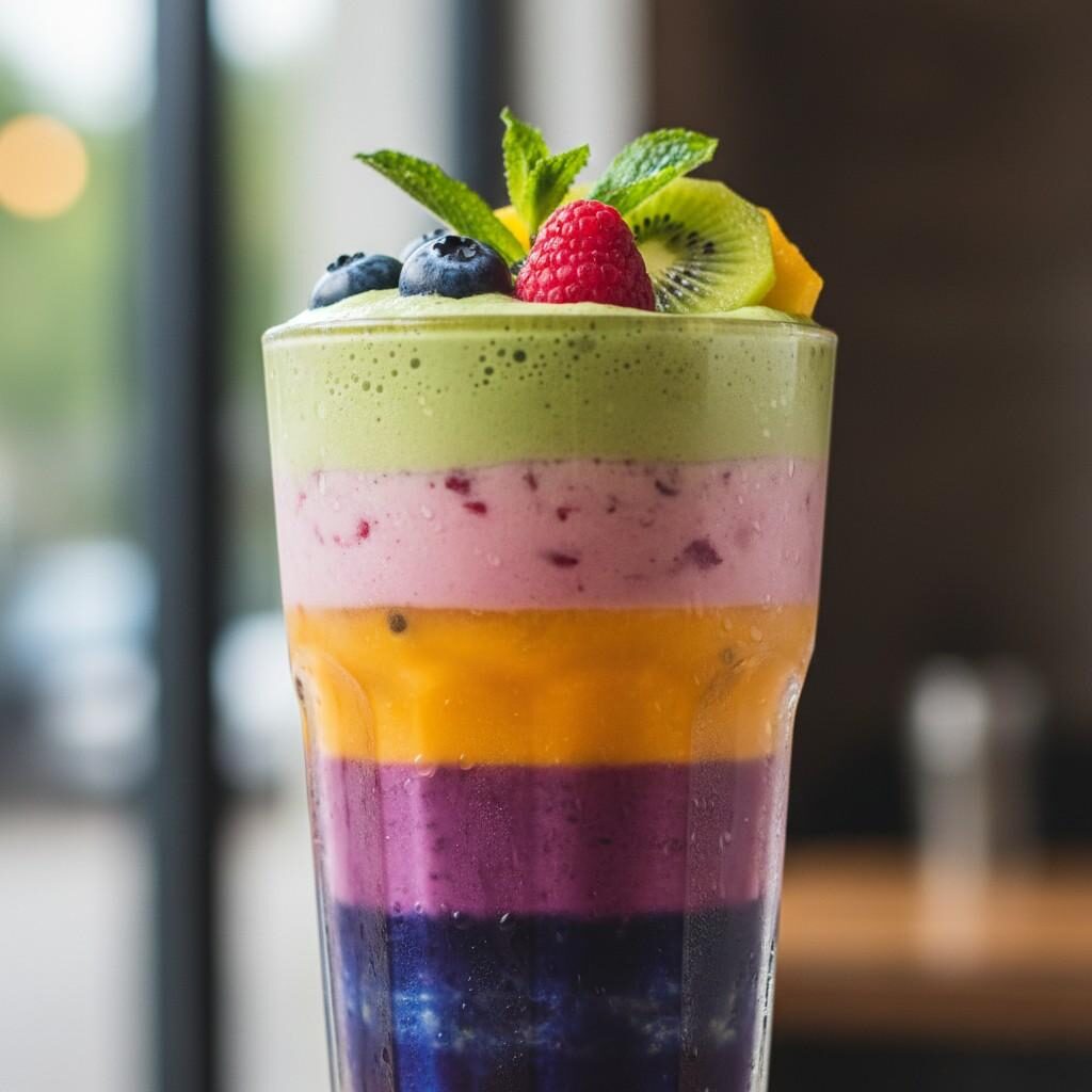 Une photographie en gros plan présentant des desserts et des boissons en couches magnifiquement stylisés dans des verres, mettant en valeur leurs surfaces brillantes, leurs pigments de fruits naturels et leurs dégradés de teintes parfaits. Idéal pour représenter des friandises fraîches, colorées et naturellement aromatisées sur les réseaux sociaux ou sur un blog culinaire.