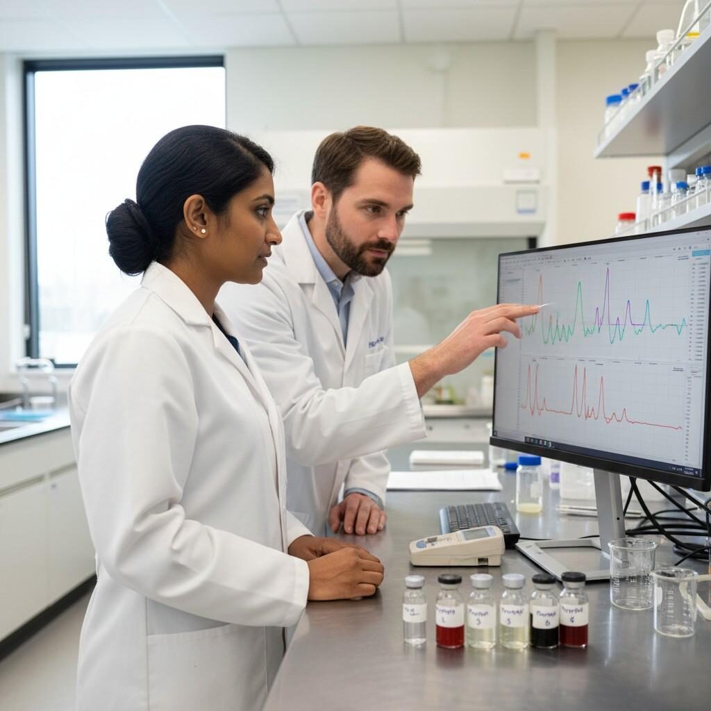 Photographie professionnelle représentant un chimiste des arômes et un scientifique en alimentation d'un client examinant en collaboration un chromatogramme sur un moniteur dans un laboratoire bien éclairé, entouré de prototypes et d'instruments, mettant l'accent sur la R&D intégrée et la prise de décision partagée.