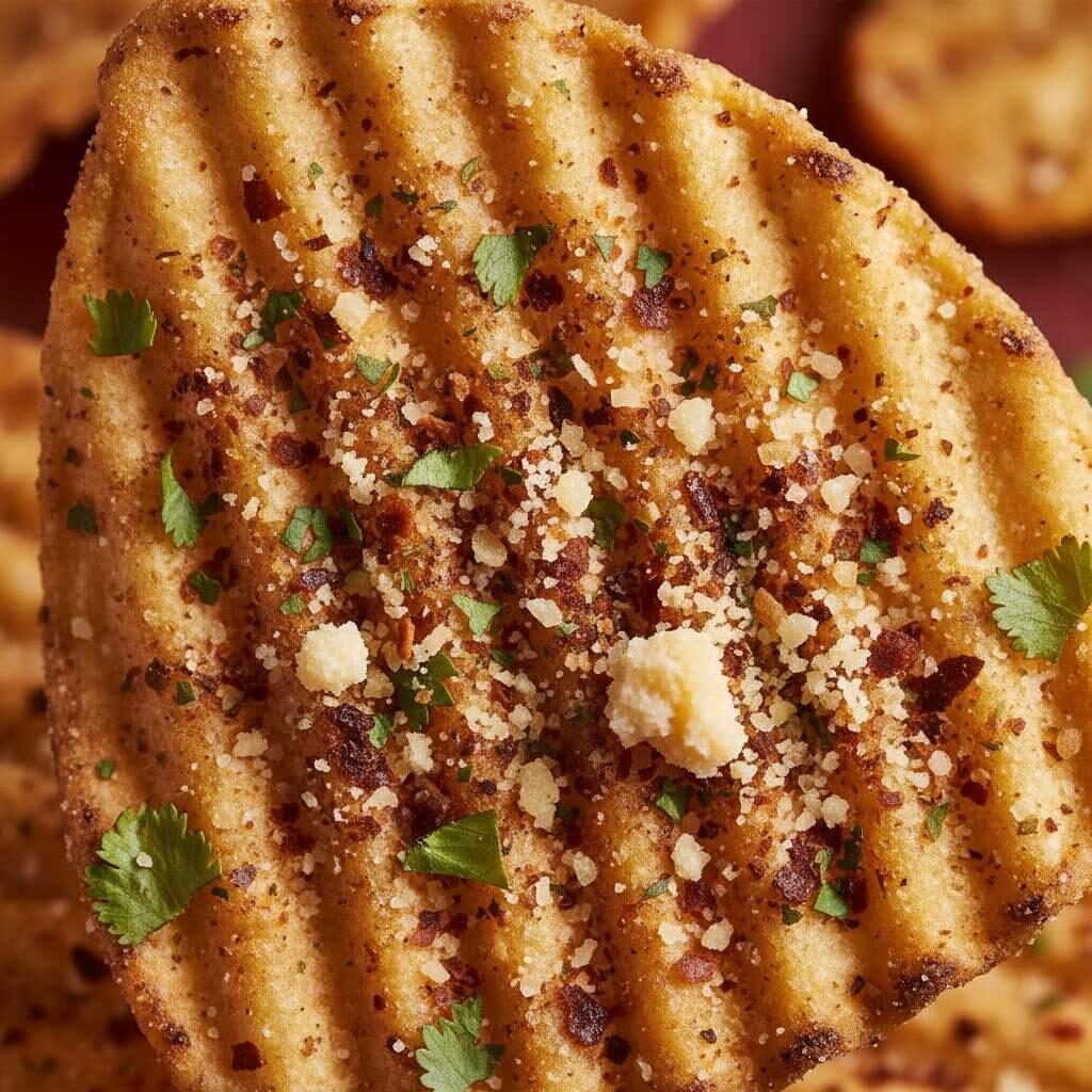 Plan macro extrême d'une chips tortilla assaisonnée, mettant en valeur le mélange complexe de piment rouge, d'herbes vertes et de poudre de fromage. Visuellement complexe et très contrasté