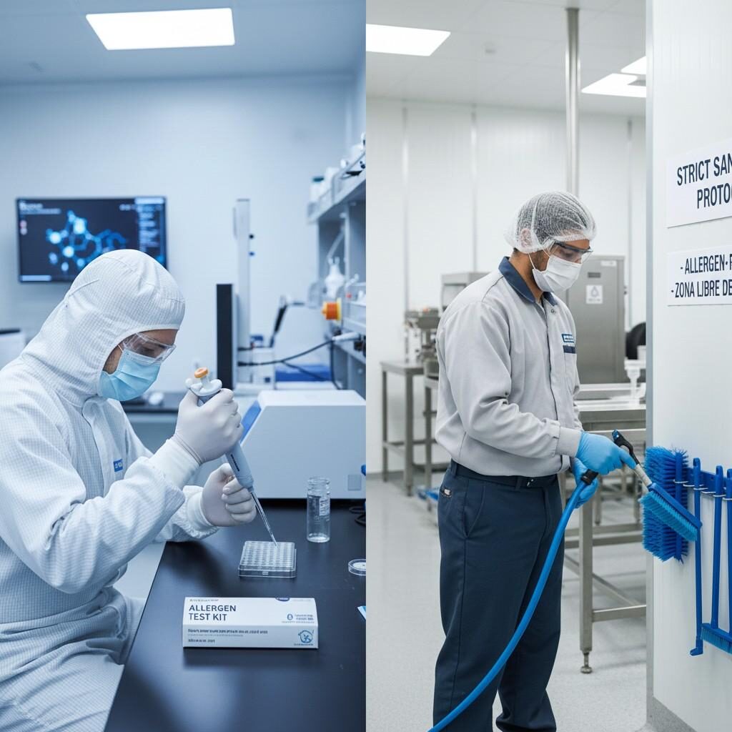 Image divisée démontrant un contrôle robuste des allergènes, montrant un technicien de laboratoire effectuant un test ELISA à gauche et un employé de production adhérant à des protocoles stricts d'assainissement et de zone sans allergène à droite.