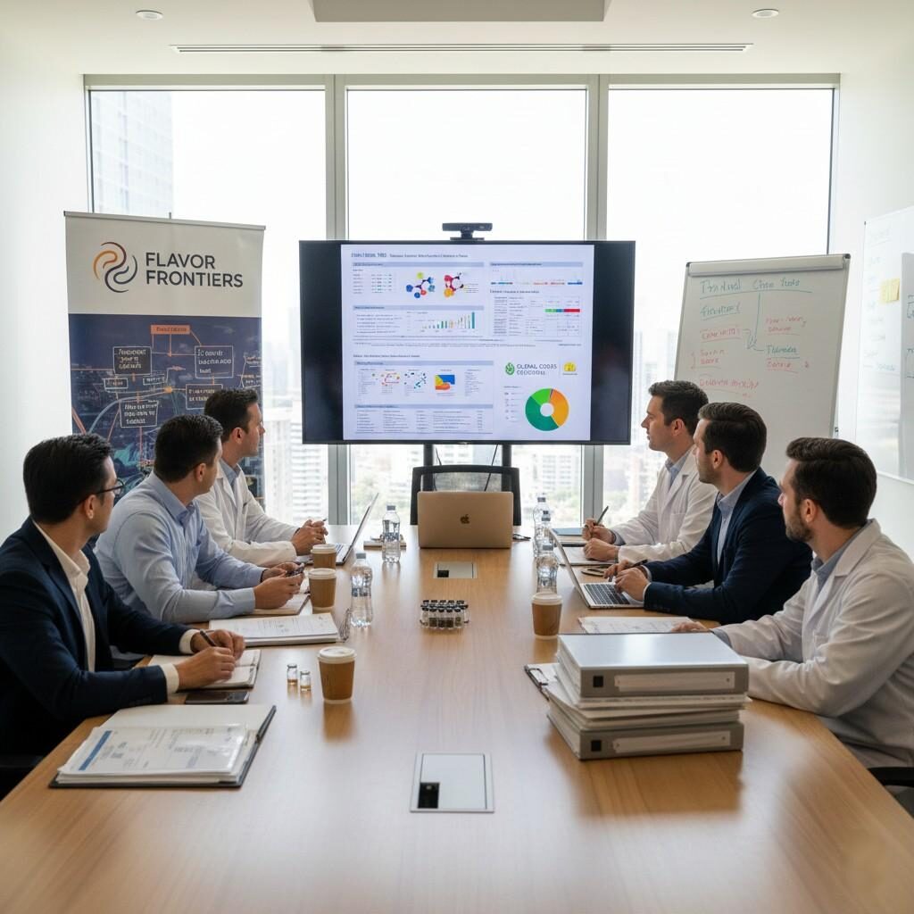 Una reunión técnica colaborativa entre los equipos de fabricantes de sabores y marcas de alimentos, que se centra en discusiones estratégicas para revisar las últimas actualizaciones regulatorias y finalizar estrategias clave de reformulación para productos de consumo.
