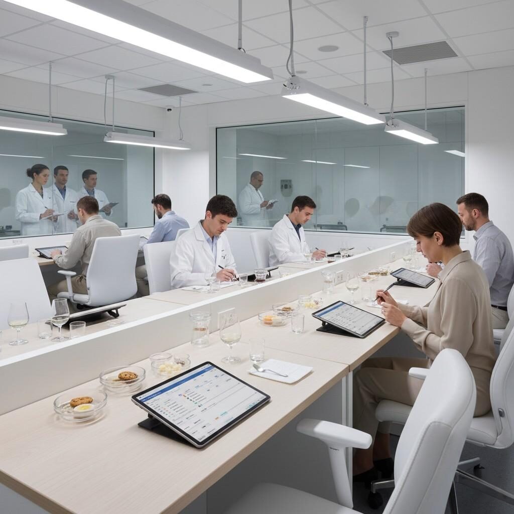 Salle d'évaluation sensorielle professionnelle où des panélistes formés effectuent une analyse descriptive d'échantillons d'aliments et de boissons sous un éclairage contrôlé et des conditions standardisées pour garantir un développement d'arôme fiable et basé sur des données.