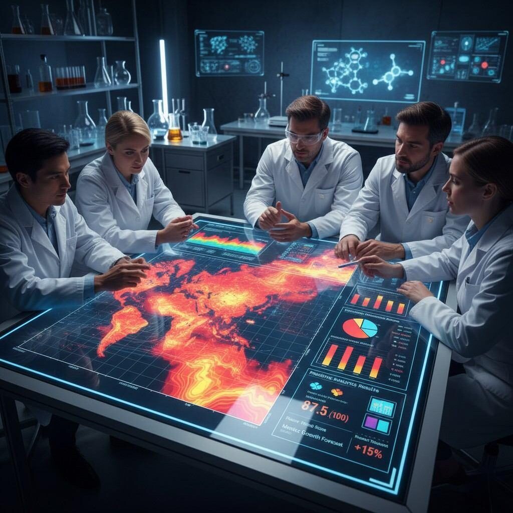 Une équipe collaborative de R&D dans un laboratoire moderne analyse les cartes thermiques des arômes, les tableaux de préférences des consommateurs et les résultats d'analyse prédictive affichés sur les écrans numériques afin de prendre des décisions fondées sur les données pour le développement de nouveaux produits alimentaires et de boissons.