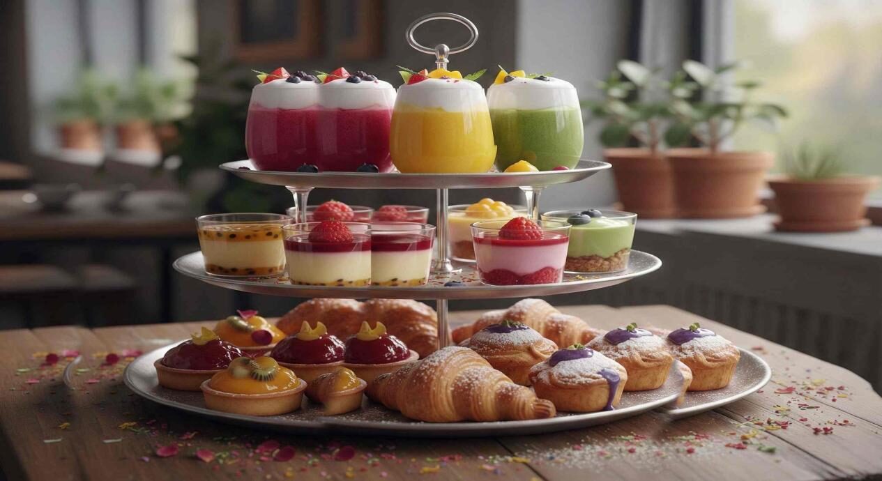 Une collection visuellement frappante et prête pour Instagram de boissons et de desserts en couches présentant des couches de saveurs distinctes, des dégradés de pigments naturels vifs et des surfaces magnifiquement brillantes. Cette image est parfaite pour les articles de café, les publications culinaires tendances et la présentation de friandises colorées et sophistiquées.