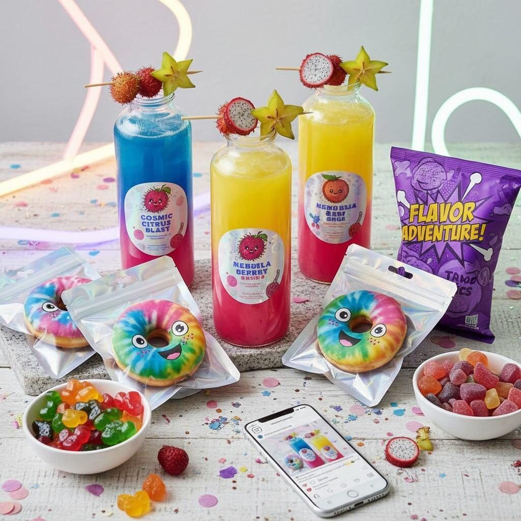 Une exposition festive de boissons et de collations en édition limitée présentant des couleurs superposées et des saveurs exotiques audacieuses qui les rendent hautement partageables sur les réseaux sociaux. L'image capture la présentation ludique et l'esthétique vibrante d'éléments de menu temporaires à fort impact, conçus pour susciter l'enthousiasme et l'engagement des consommateurs.