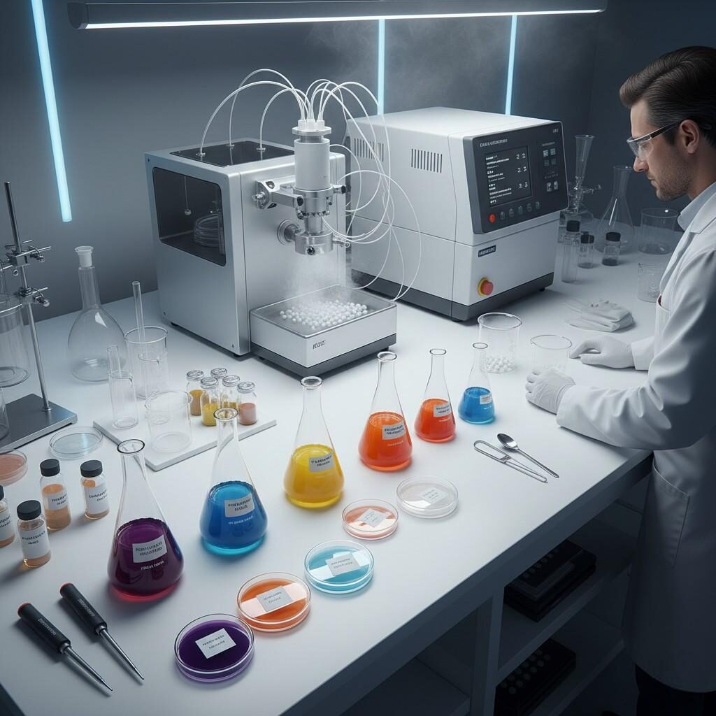 Une vitrine visuellement attrayante de produits alimentaires issus de la R&D technique, comprenant des desserts en couches et des boissons à base d'extraits d'arômes naturels et fonctionnels avancés. Parfait pour transmettre l’innovation dans la technologie alimentaire, l’analyse des arômes et le développement de produits aromatisés visuellement saisissants et de haute qualité.