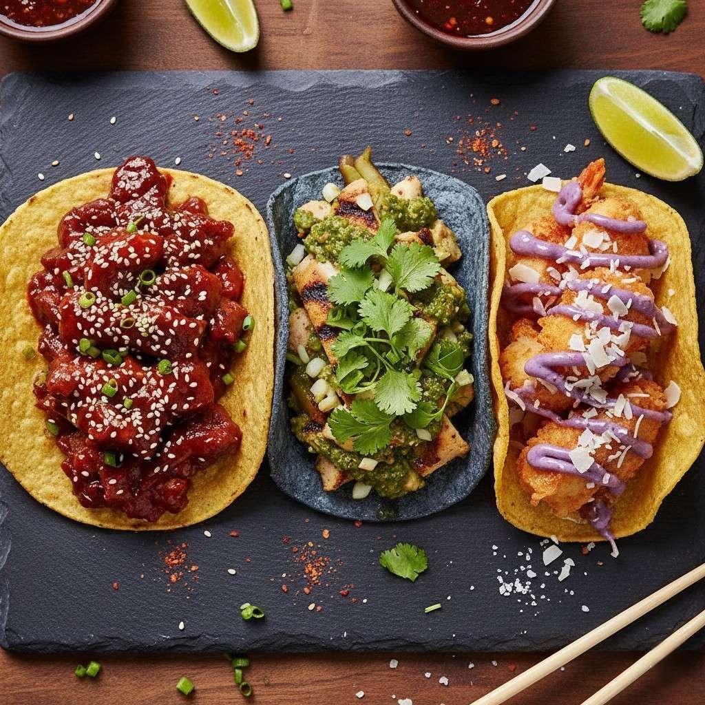 Une prise de vue aérienne en grand angle présentant trois tacos de fusion globale visuellement époustouflants sur un tableau en ardoise sombre. Présentant des garnitures vibrantes comme un glaçage coréen rouge foncé, un chimichurri vert vif et un taco tempura unique arrosé d'ube, l'image met l'accent sur une cuisine de rue créative, colorée et raffinée.