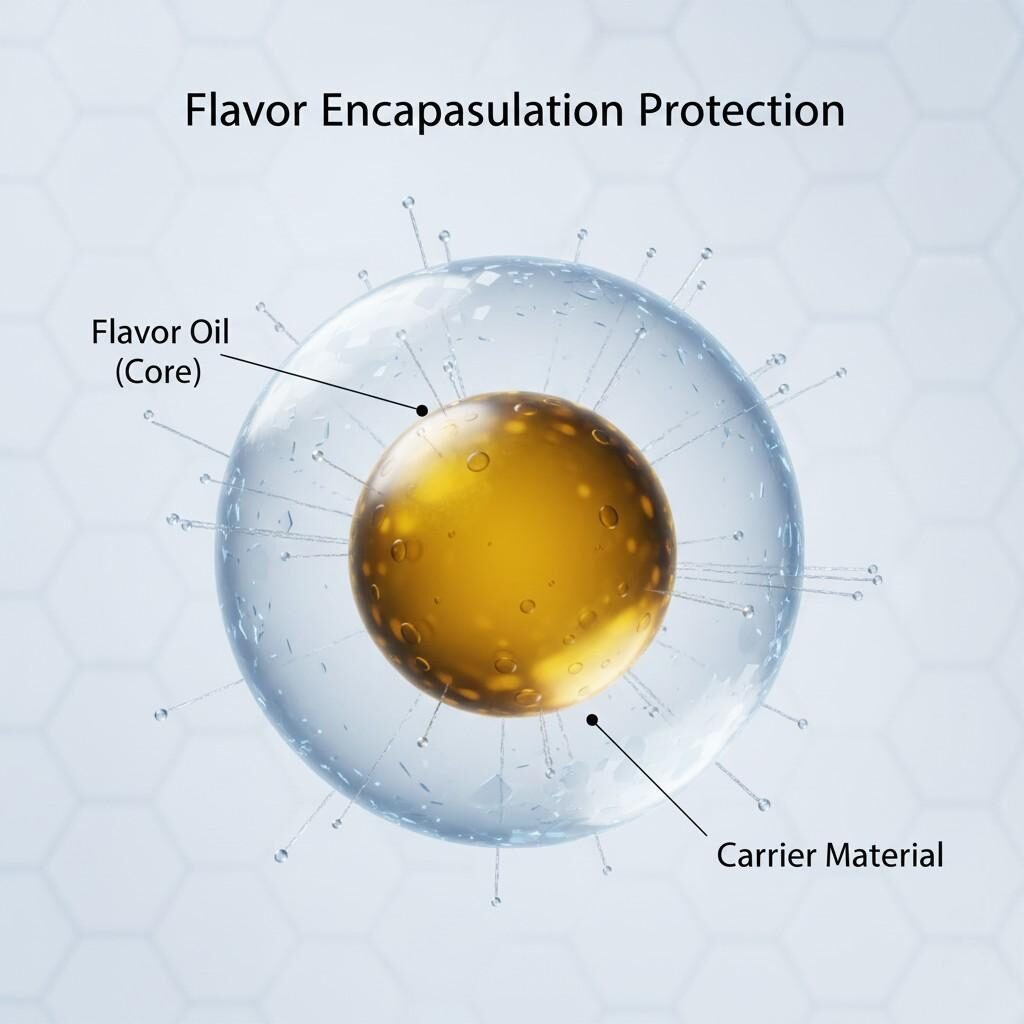 Cette image conceptuelle et colorée offre une coupe transversale très agrandie d’une microcapsule aromatique. Un noyau « huile aromatique » vert foncé/jaune est parfaitement enveloppé par une paroi de « matériau porteur » lisse et translucide, illustrant le concept de protection avancée par encapsulation des arômes.