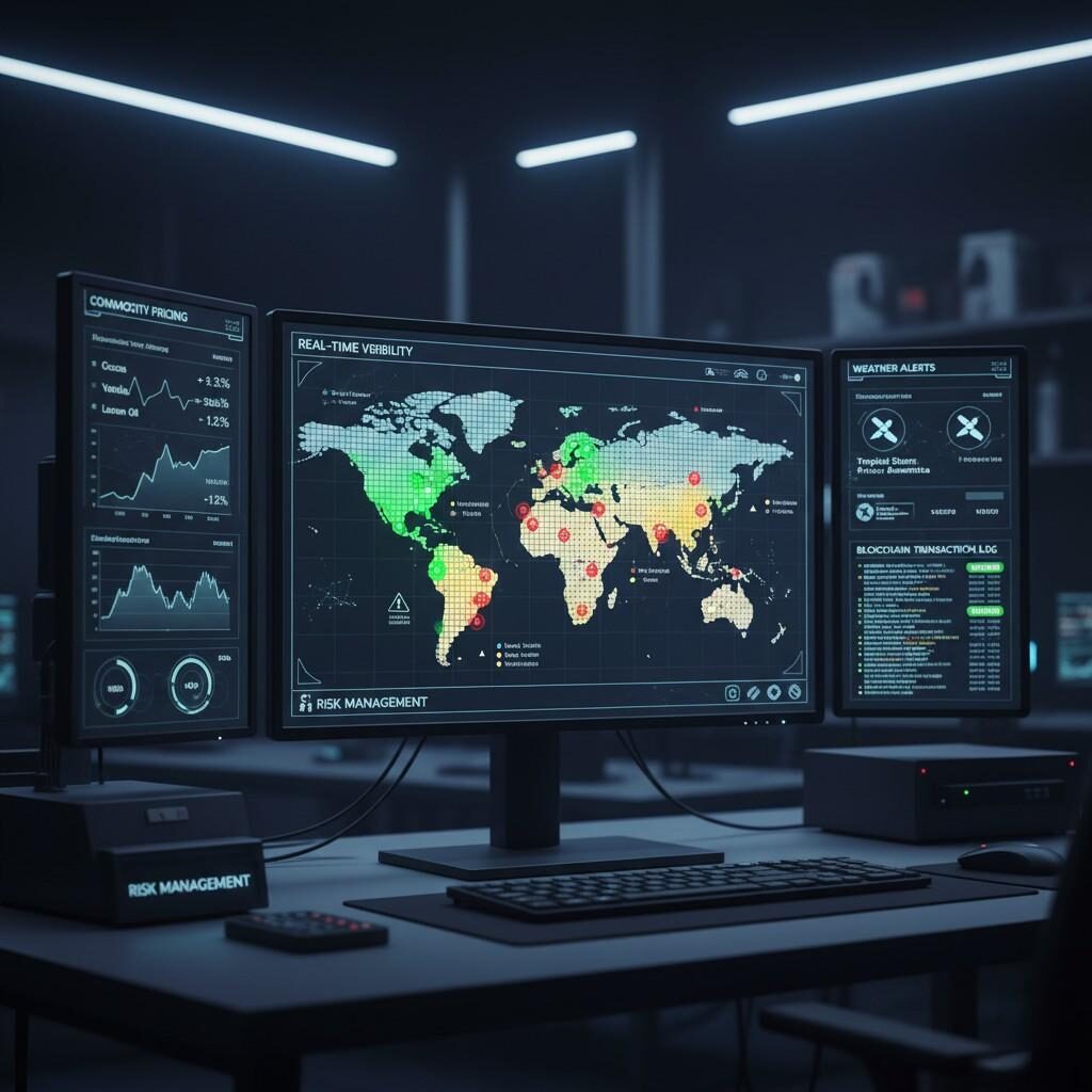 Un écran d'ordinateur futuriste affiche un tableau de bord à plusieurs niveaux avec une carte du monde montrant les risques liés aux fournisseurs. Les panneaux latéraux présentent des données en temps réel pour « Prix des matières premières », « Alertes météorologiques » et « Journal des transactions Blockchain », symbolisant une gestion avancée des risques et une visibilité en temps réel dans les chaînes d'approvisionnement mondiales.