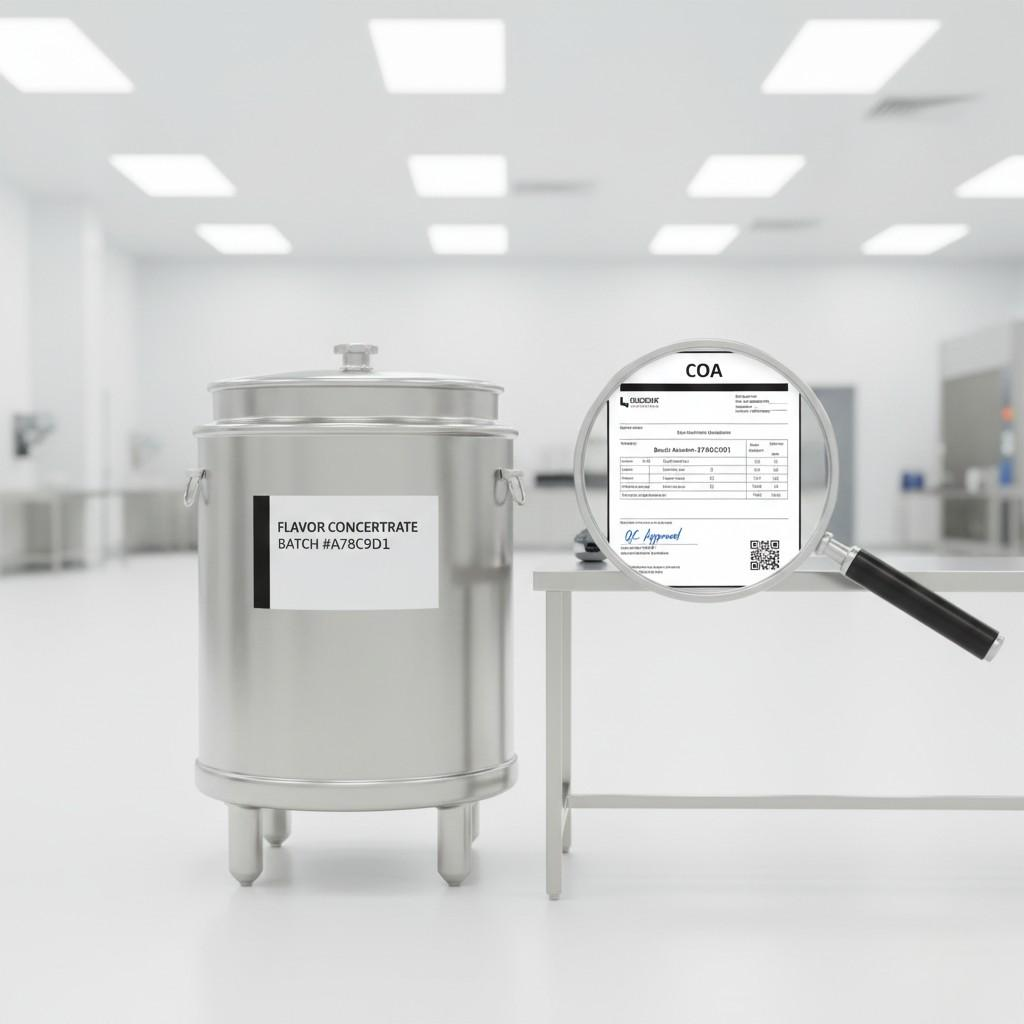 Une image claire présente un fût d'arôme industriel parfaitement rempli et scellé à côté d'un document visible de certificat d'analyse (CoA). Une section agrandie met en évidence une signature QC et un numéro de lot unique, mettant l'accent sur le contrôle qualité rigoureux et la traçabilité des concentrés d'arômes.