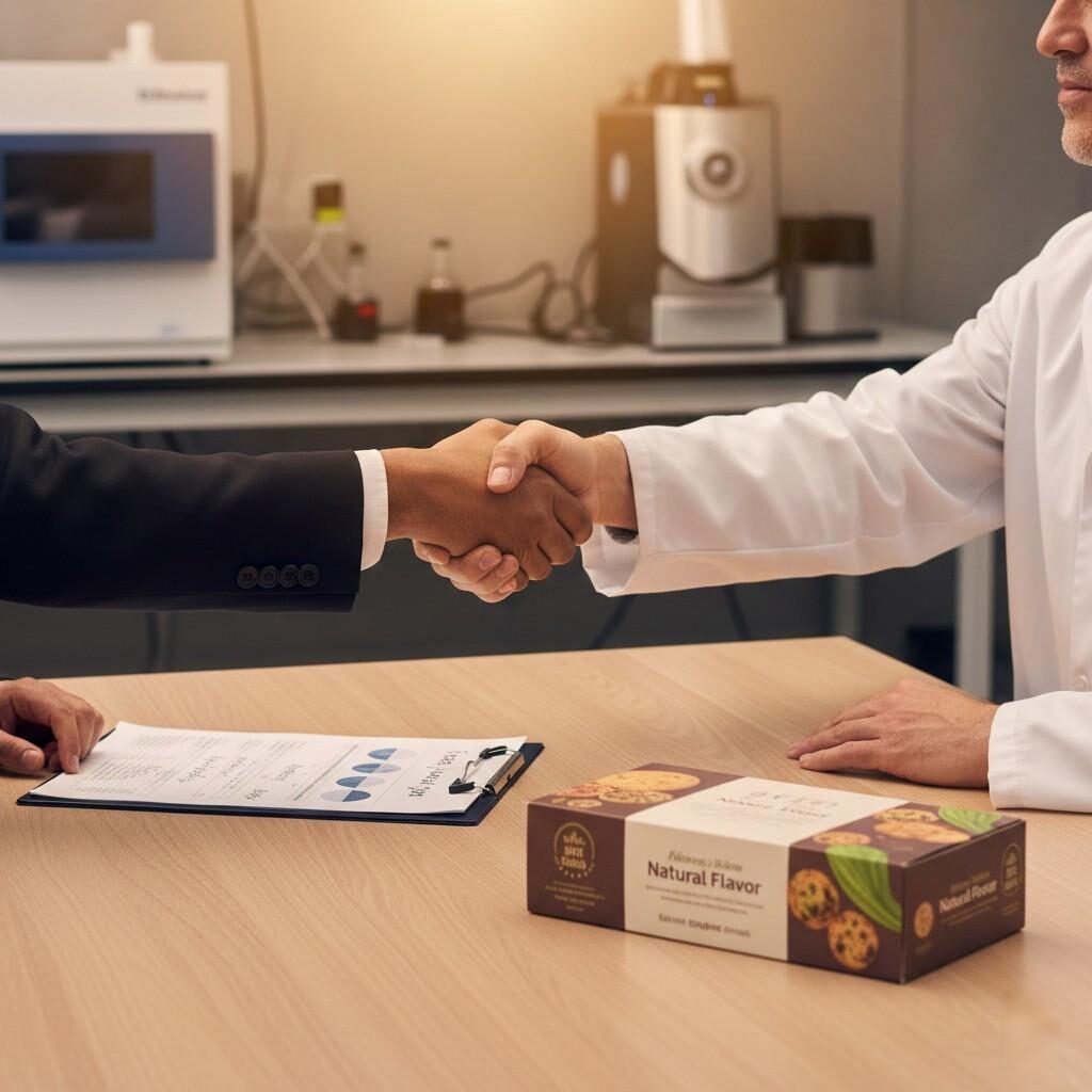 Une photo nette et professionnelle montre un représentant d'un client et un expert en R&D d'une maison d'arômes se serrant la main autour d'une table. Un presse-papiers avec des notes techniques et un produit alimentaire fini symbolise un partenariat réussi, avec un éclairage chaleureux exprimant la confiance et la collaboration.