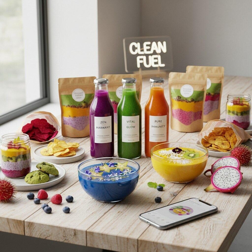 Une présentation visuellement saisissante et attrayante de produits axés sur le bien-être, notamment des boissons fonctionnelles en couches, des desserts colorés à base de plantes et des collations fraîches. La présentation met l'accent sur des couleurs naturelles vibrantes et des ingrédients propres, capturant parfaitement l'esthétique d'une cuisine gastronomique moderne et soucieuse de sa santé.