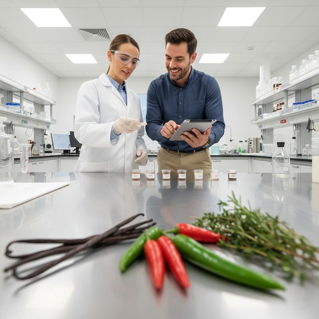 Prise de vue professionnelle à l'intérieur d'un laboratoire alimentaire moderne et lumineux, montrant un aromatiste et un chef de produit engagés dans une discussion collaborative sur de nouveaux prototypes de produits sur un comptoir en acier inoxydable. Le premier plan présente des ingrédients naturels flous, symbolisant le mélange de l'expertise scientifique et de la nature dans la création de saveurs.