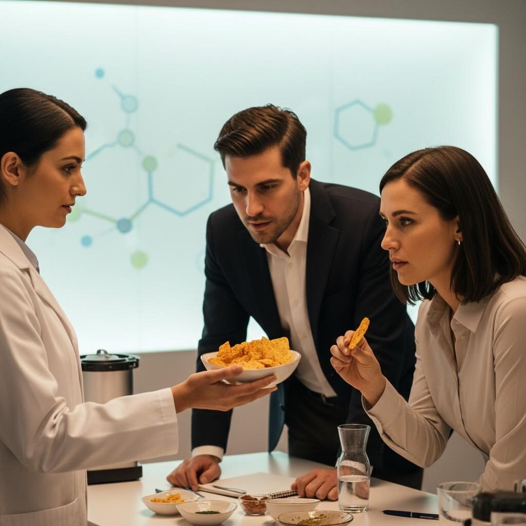 Image professionnelle et collaborative montrant un aromatiste présentant un nouveau prototype de collation aux clients dans une salle de dégustation moderne. Se concentre sur l’innovation et le partenariat en science alimentaire