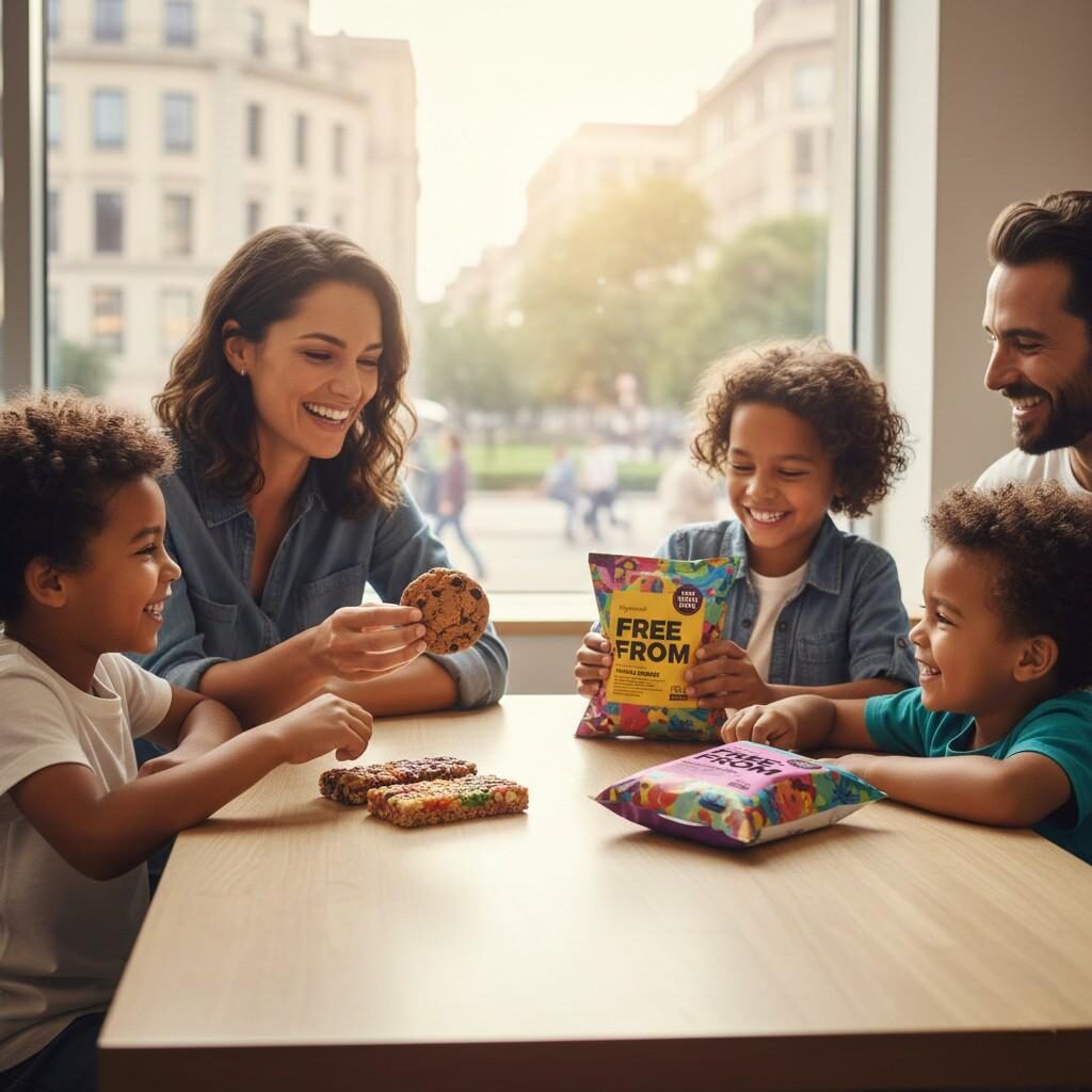 Image d'un groupe diversifié d'adultes et d'enfants souriants partageant et mangeant joyeusement une variété de collations attrayantes et sûres, symbolisant l'inclusion, la confiance et le plaisir sans compromis dans l'alimentation moderne.