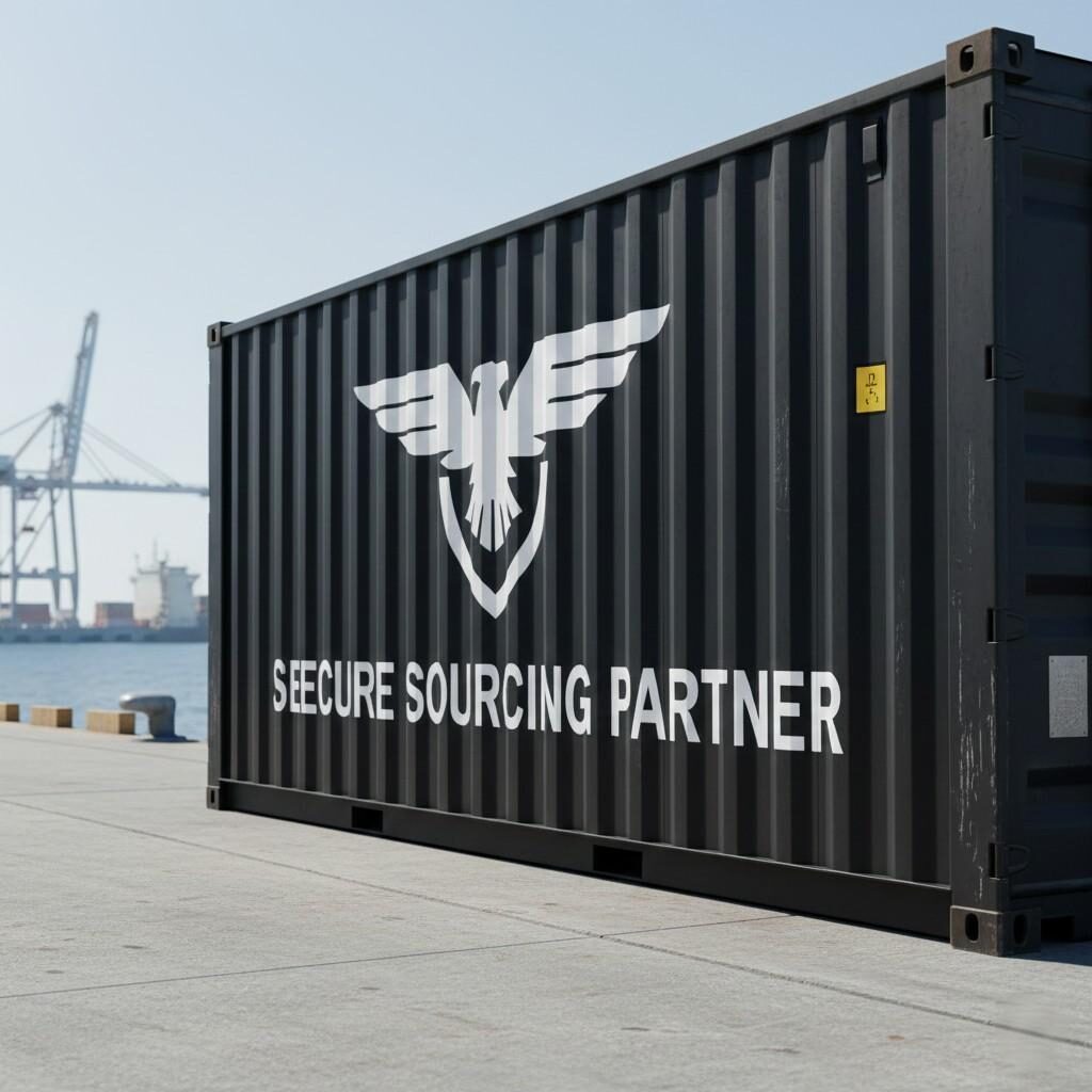 Un conteneur d'expédition stylisé, photographié par des professionnels, portant l'étiquette audacieuse « Secure Sourcing Partner » avec le logo de l'entreprise, repose sur une cale sèche stable. Cette image symbolise une logistique fiable et fiable, garantissant une chaîne d'approvisionnement sécurisée et efficace.