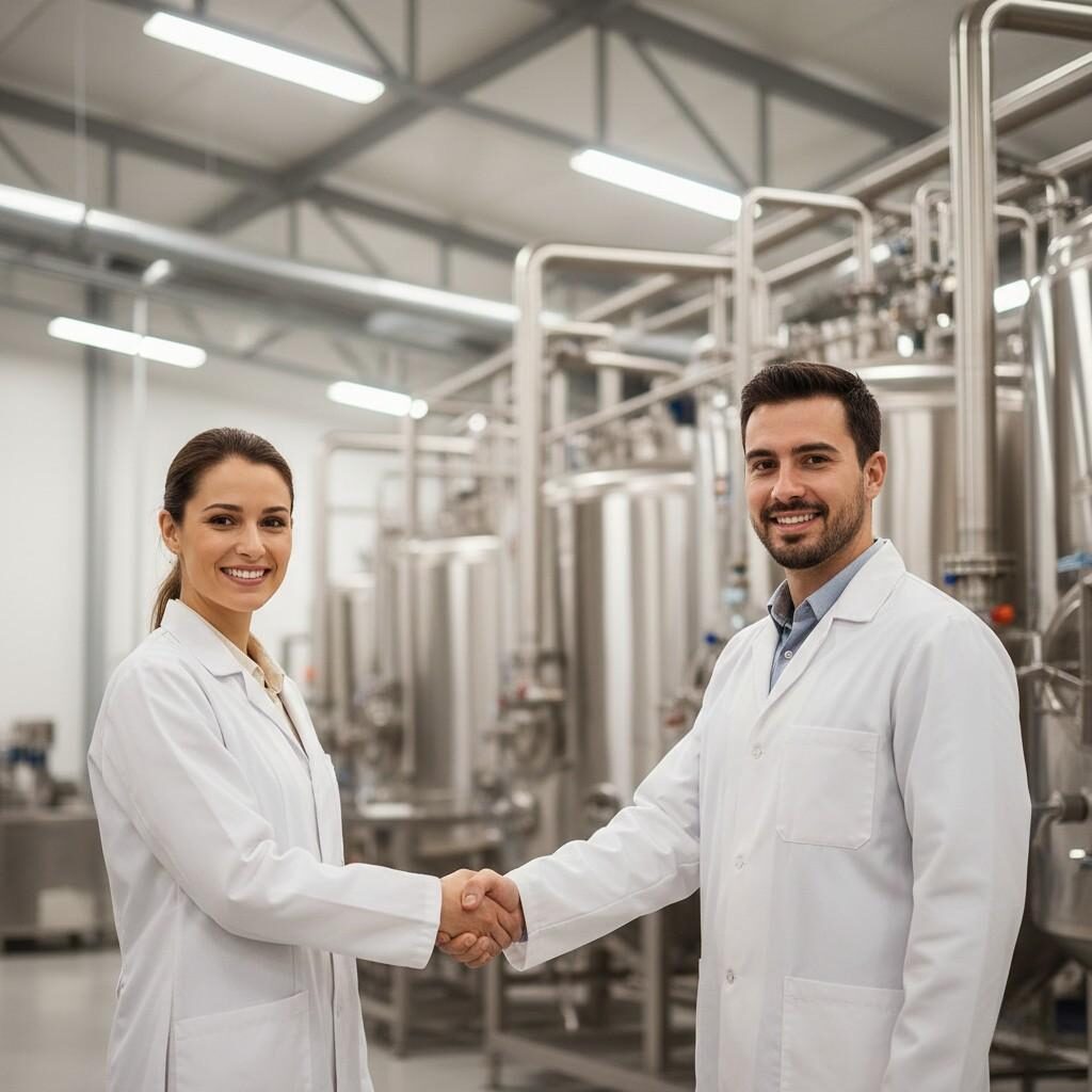 Une photo professionnelle montre le responsable R&D d'un client et un représentant d'une entreprise d'arômes se serrant la main devant une usine de fabrication floue. Cette image symbolise la confiance et un partenariat intégré dans le développement et la production de produits.