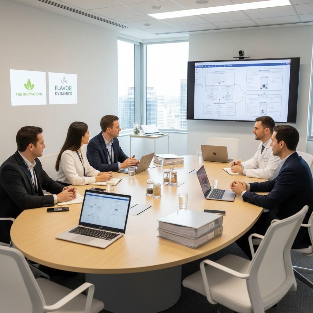 L'équipe d'une marque d'aliments et de boissons collabore avec un fabricant d'arômes professionnel dans une salle de réunion technique, ce qui représente un partenariat à long terme, un engagement de qualité partagé et un développement stratégique d'arômes personnalisés.