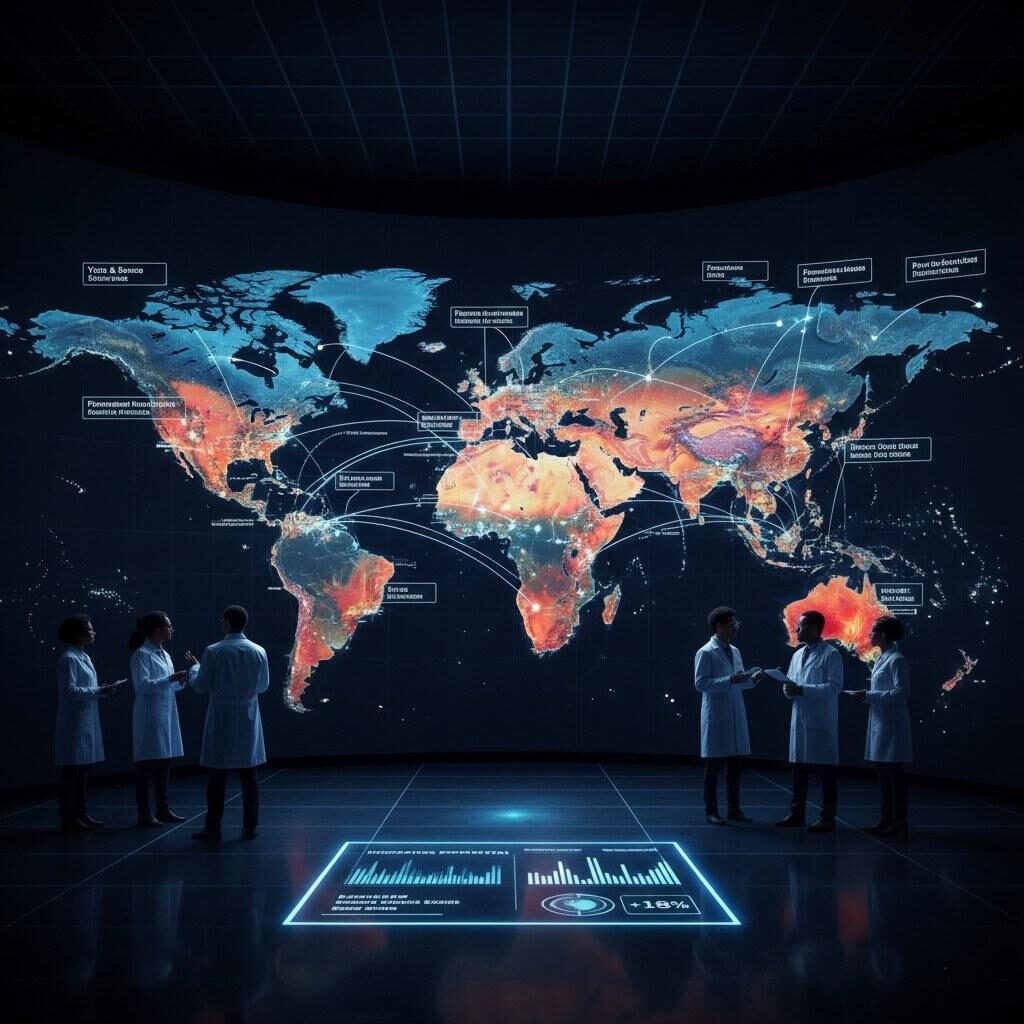 Une visualisation d'une carte des tendances mondiales affichant les saveurs émergentes, les points de données analysés sur les consommateurs et les voies d'analyse prédictive, guidant l'innovation stratégique en matière d'aliments et de boissons dans le monde entier.