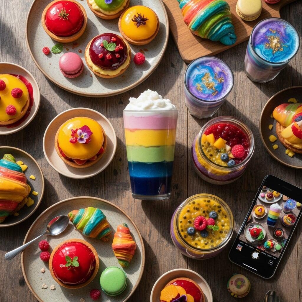 Un assortiment accrocheur de desserts et de boissons prêts pour Instagram, astucieusement disposés sur un stand à plusieurs niveaux. L'écran présente des couleurs vives, des finitions fruitées brillantes et des effets superposés visuellement saisissants, mettant en valeur des friandises fraîches et savoureuses, parfaites pour une campagne sur les réseaux sociaux ou une bannière de site Web.