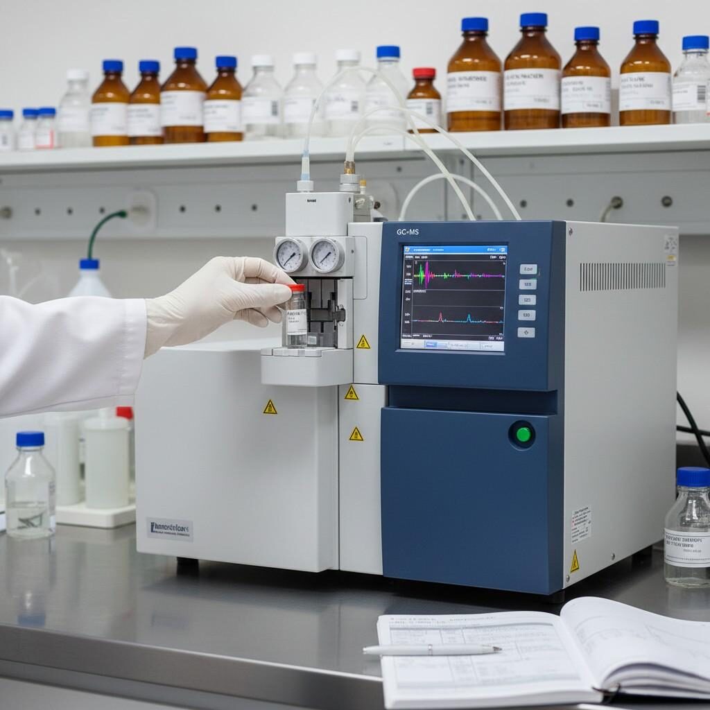 A clear, bright image captures a highly technical laboratory setting, focusing on a GC-MS unit as a gloved hand inserts a sample vial. The background, filled with chemical standards and documentation, emphasizes the rigorous analytical verification process.