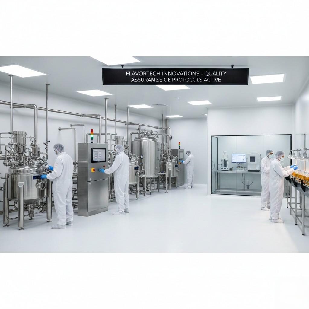 State-of-the-art food-grade flavor manufacturing facility featuring stainless-steel production equipment, cleanroom environments, strict quality inspection protocols, and professional technicians ensuring safety, consistency, and regulatory compliance.