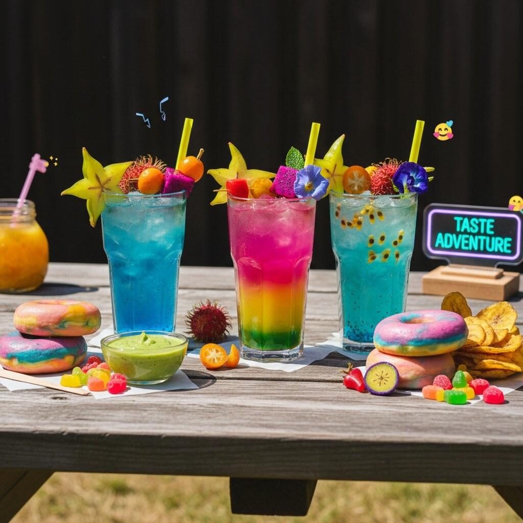 A visually striking lineup of beverages and snacks specifically targeting Gen Z consumers, showcasing bold, vibrant colors, multi-layered flavor profiles, and topped with exotic fruit garnishes. This display reflects adventurous taste preferences and high social media appeal, perfect for modern food marketing.