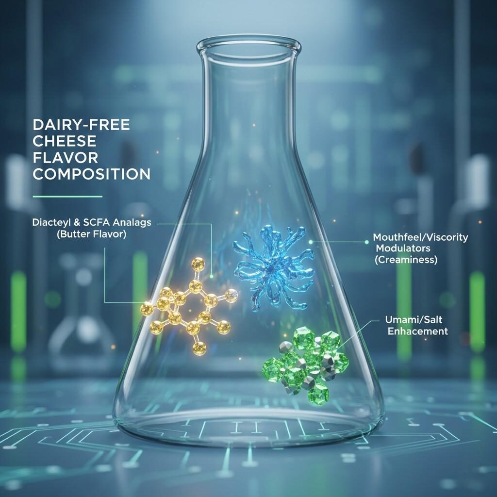 Stylized lab graphic illustrating the molecular engineering of a dairy-free cheese flavor, highlighting components for butter flavor (Diacetyl), creaminess, and Umami/Salt enhancement