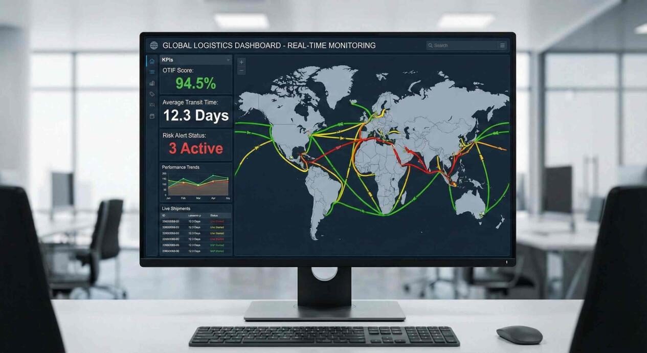  A detailed computer screen displaying a global logistics dashboard with a world map showing green, yellow, and red shipping routes. Prominently featured KPIs include "OTIF Score," "Average Transit Time," and "Risk Alert Status," illustrating real-time monitoring and data-driven decision-making in modern supply chain management.