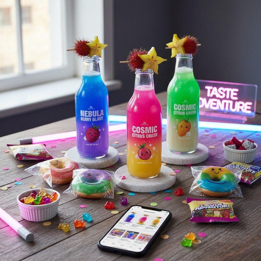 A dynamic, tiered display of snacks and beverages explicitly targeting the Gen Z consumer. It features bold, vibrant colors derived from natural flavor pigments, distinct layered textures, and a visually engaging presentation, perfect for capturing attention on social media and promoting modern, trendy food items.