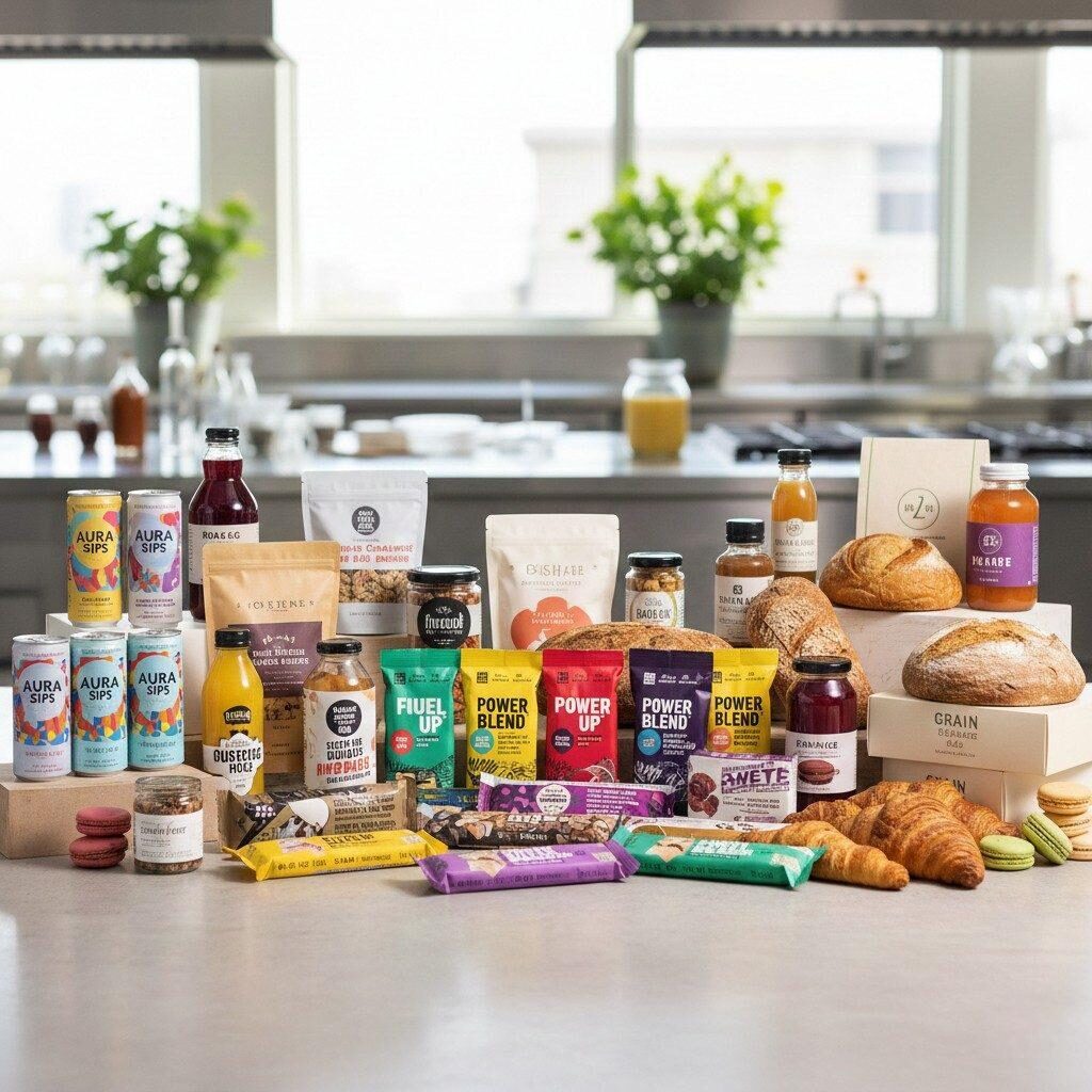 A sleek, high-resolution commercial photograph showcasing a wide, diverse array of successfully developed branded food and beverage products, including sparkling water, protein bars, baked goods, and jarred items. The sophisticated arrangement on a clean, modern surface symbolizes the fruitful and varied outcomes of a successful research and development (R&D) partnership.