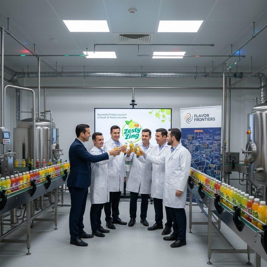 Long-term partnership visual showing the collaborative success of a food brand and flavor manufacturer celebrating a new product launch within a clean, modern production facility environment
