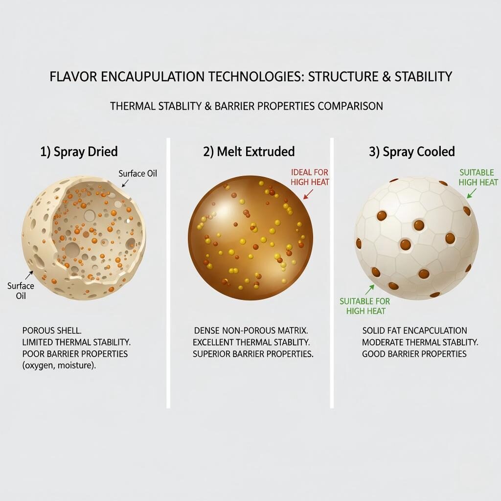 Un graphique de comparaison technique illustrant les différences structurelles entre les particules aromatiques séchées par pulvérisation, extrudées par fusion et refroidies par pulvérisation, mettant en évidence la stabilité thermique et l'efficacité de la barrière.