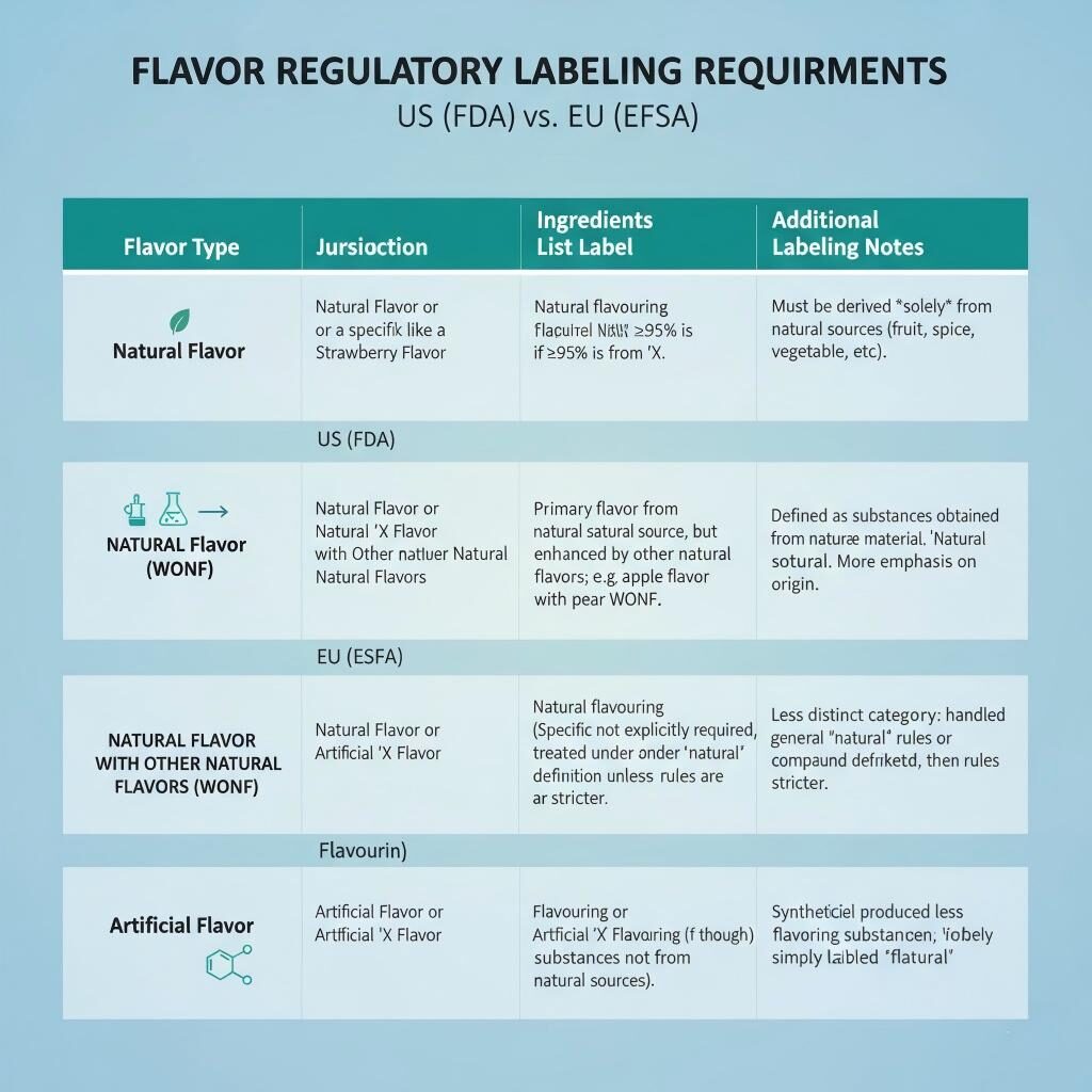 Una comparación técnica de los requisitos de etiquetado de sabores para sabores naturales, WONF y artificiales según las jurisdicciones de la FDA de EE. UU. y la EFSA/CE de la UE para el cumplimiento de la industria alimentaria.