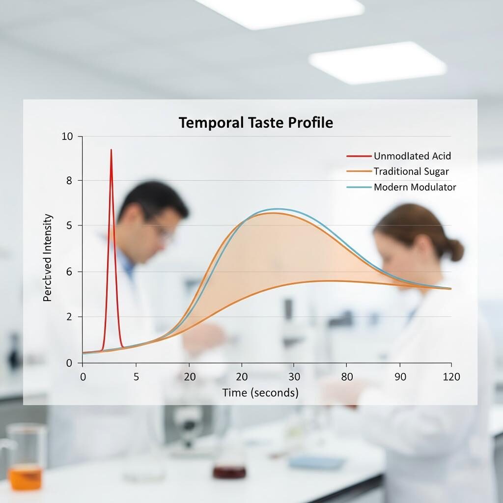 Un graphique linéaire technique illustrant le profil gustatif temporel de trois formulations de boissons. Il visualise la forte pointe sensorielle de l'acide non modulé, la courbe équilibrée du sucre traditionnel et la manière dont les modulateurs de saveur modernes comblent le vide gustatif pour imiter un profil de sucre naturel.