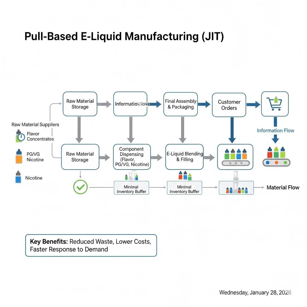 Un diagrama profesional que ilustra un sistema Just-In-Time (JIT) basado en pull para la fabricación de e-líquidos, destacando el flujo desde los pedidos de los clientes hasta la mezcla y el envasado finales.