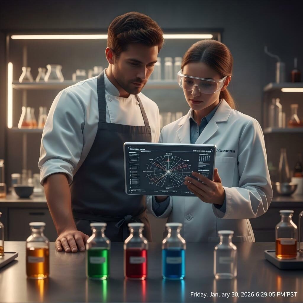 Une scène de laboratoire collaboratif mettant en vedette un chef et un chimiste alimentaire analysant un graphique radar numérique des saveurs pour prédire et affiner des profils sensoriels complexes.
