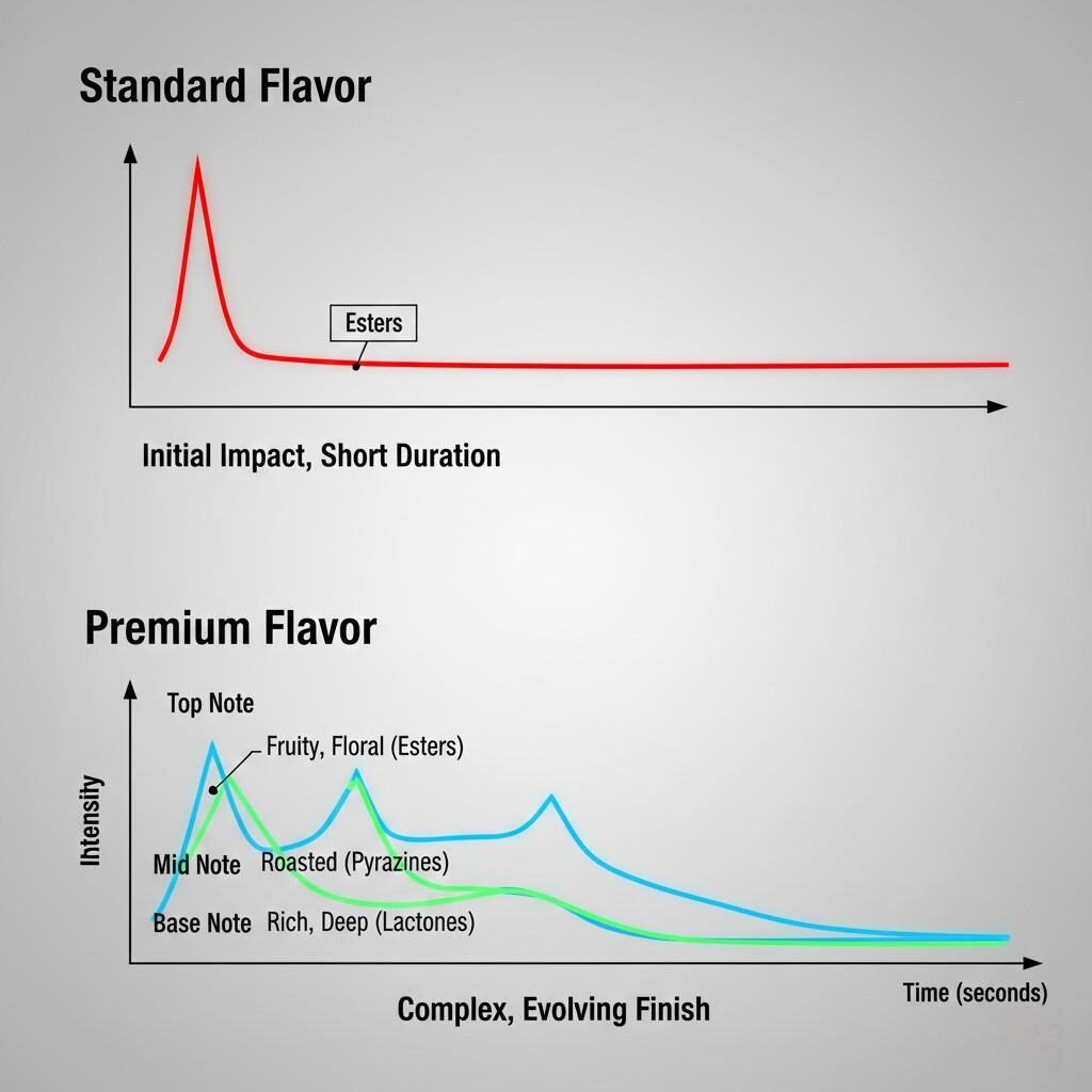 Un graphique conceptuel divisé illustrant l'arc temporel de la saveur. La moitié supérieure montre une courbe simple et de courte durée de « saveur standard », contrastée avec la moitié inférieure montrant une courbe complexe et persistante de « saveur premium » avec des notes de tête, de milieu et de base distinctes, étiquetées avec des classes chimiques comme les esters et les pyrazines. Parfait pour l'enseignement des sciences des arômes, la R&D alimentaire et le contenu d'analyse sensorielle