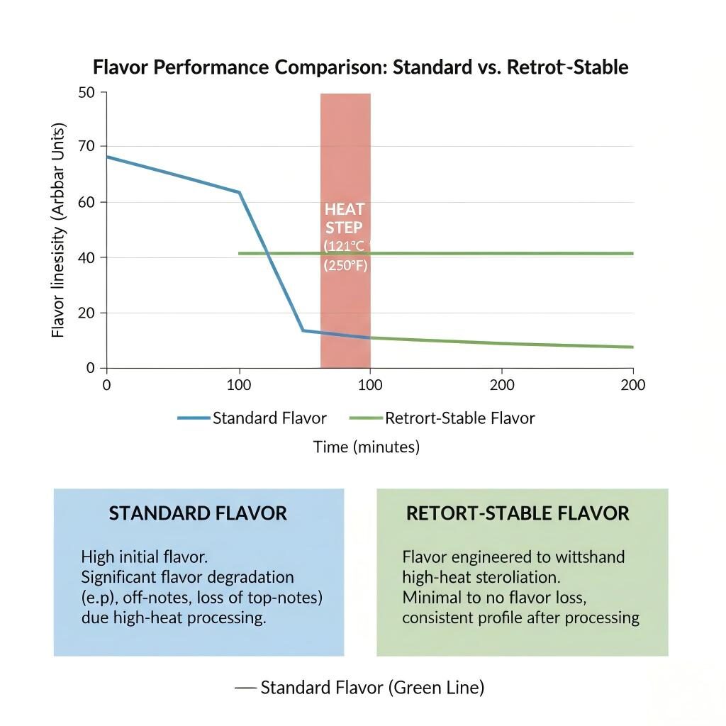 Un graphique de performances techniques illustrant comment les arômes stables en cornue maintiennent une intensité constante tout au long du traitement à haute température par rapport à une dégradation significative des arômes standards.