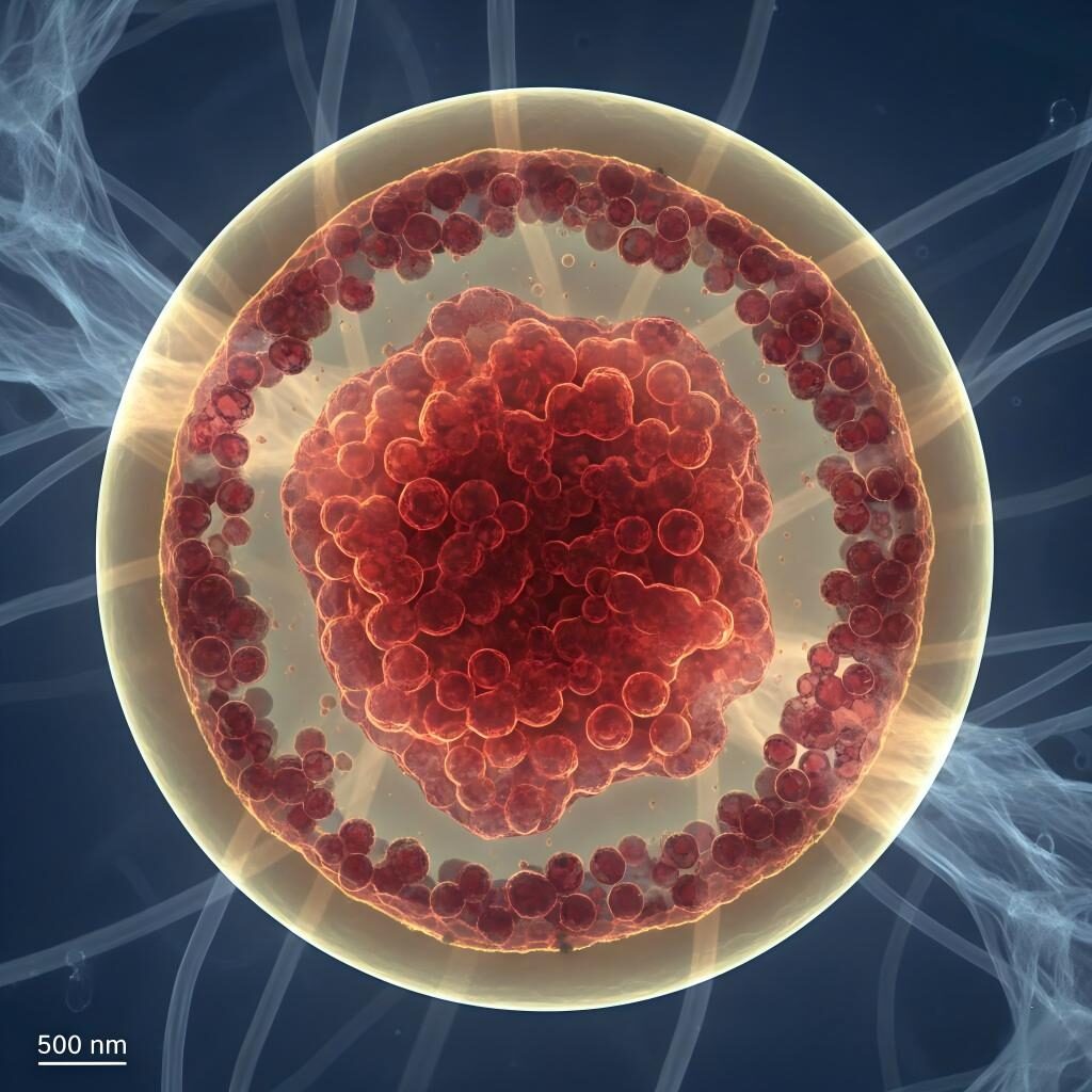 Une vue microscopique détaillée d'une particule d'arôme micro-encapsulée, montrant l'enveloppe extérieure protectrice et le noyau d'arôme actif concentré pour une libération contrôlée.