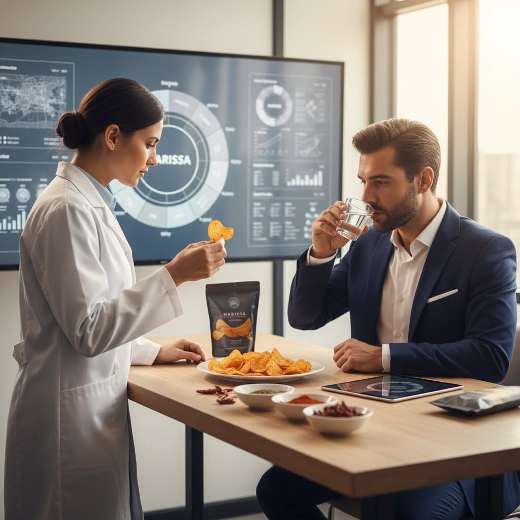 Un aromatiste professionnel et un client examinent un prototype à saveur exotique, tel qu'un biscuit au Yuzu, dans une salle de dégustation. La scène est soutenue par des fiches techniques et des roues d'arômes, soulignant la nature stratégique et technique de leur partenariat dans l'innovation alimentaire et des boissons.