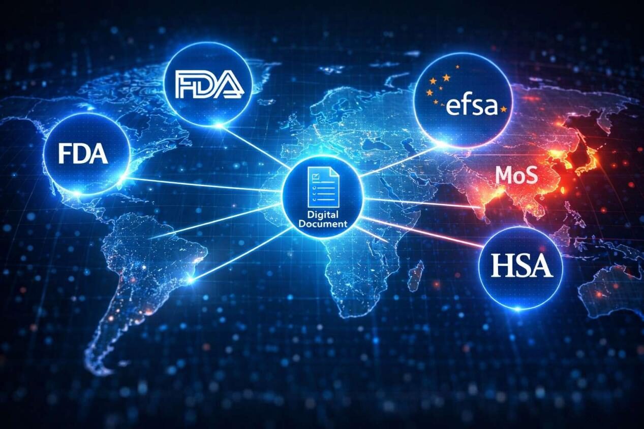 Un mapa global futurista que ilustra el cumplimiento normativo perfecto en todos los continentes, con iconos brillantes de la FDA, la EFSA y otros iconos regulatorios conectados a través de un documento digital central. Esta imagen representa un cumplimiento global optimizado gracias a asociaciones de alto nivel y sistemas de documentación digital.