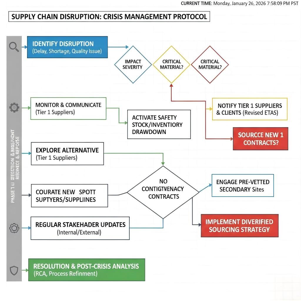 Un diagrama de flujo completo que detalla el proceso de toma de decisiones estratégicas para gestionar las interrupciones de la cadena de suministro, desde la identificación inicial hasta la activación de sitios de fabricación secundarios.