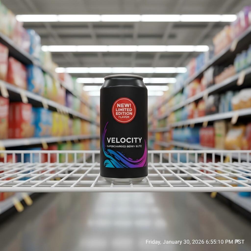 Une élégante canette de boisson « édition limitée » se détache nettement sur une allée floue d'un supermarché, illustrant comment l'innovation en matière de saveur capte l'attention du consommateur.