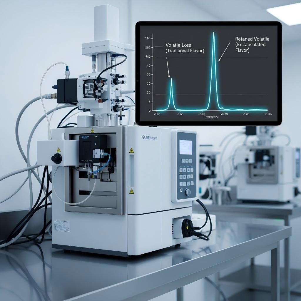 Photographie de laboratoire haute résolution d'un système GC-MS avec un chromatogramme en médaillon comparant la rétention volatile supérieure des arômes encapsulés par rapport aux méthodes traditionnelles.