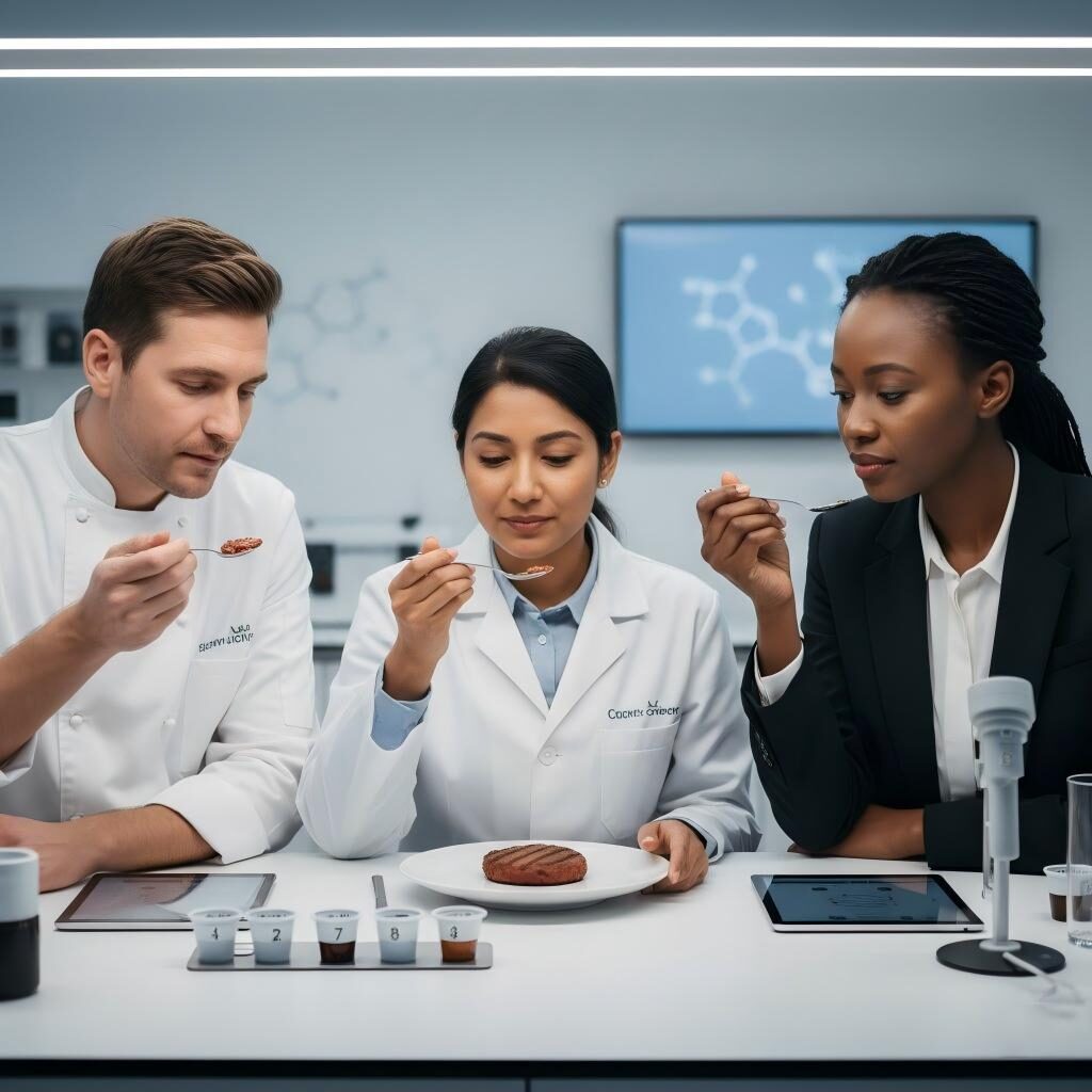 Une équipe diversifiée de scientifiques des arômes et d'experts culinaires effectuant une évaluation sensorielle d'un produit à base de plantes pour garantir un profil de saveur et un masquage d'amertume optimaux.