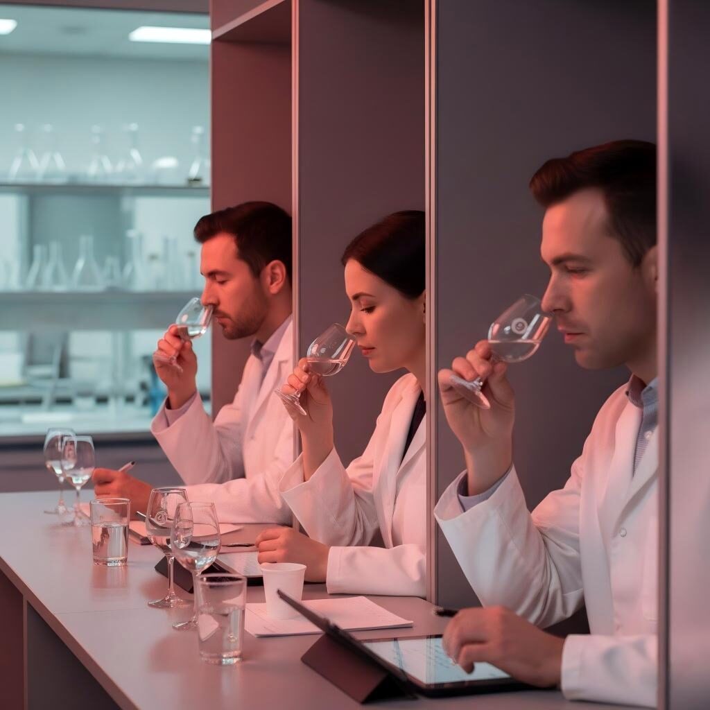 Une séance d'évaluation sensorielle professionnelle avec des dégustateurs dans des cabines individuelles sous un éclairage rouge contrôlé. Cet environnement élimine les biais visuels lors de tests de goût rigoureux pour valider les stratégies de réduction de l'acidité et les profils de saveur des boissons.
