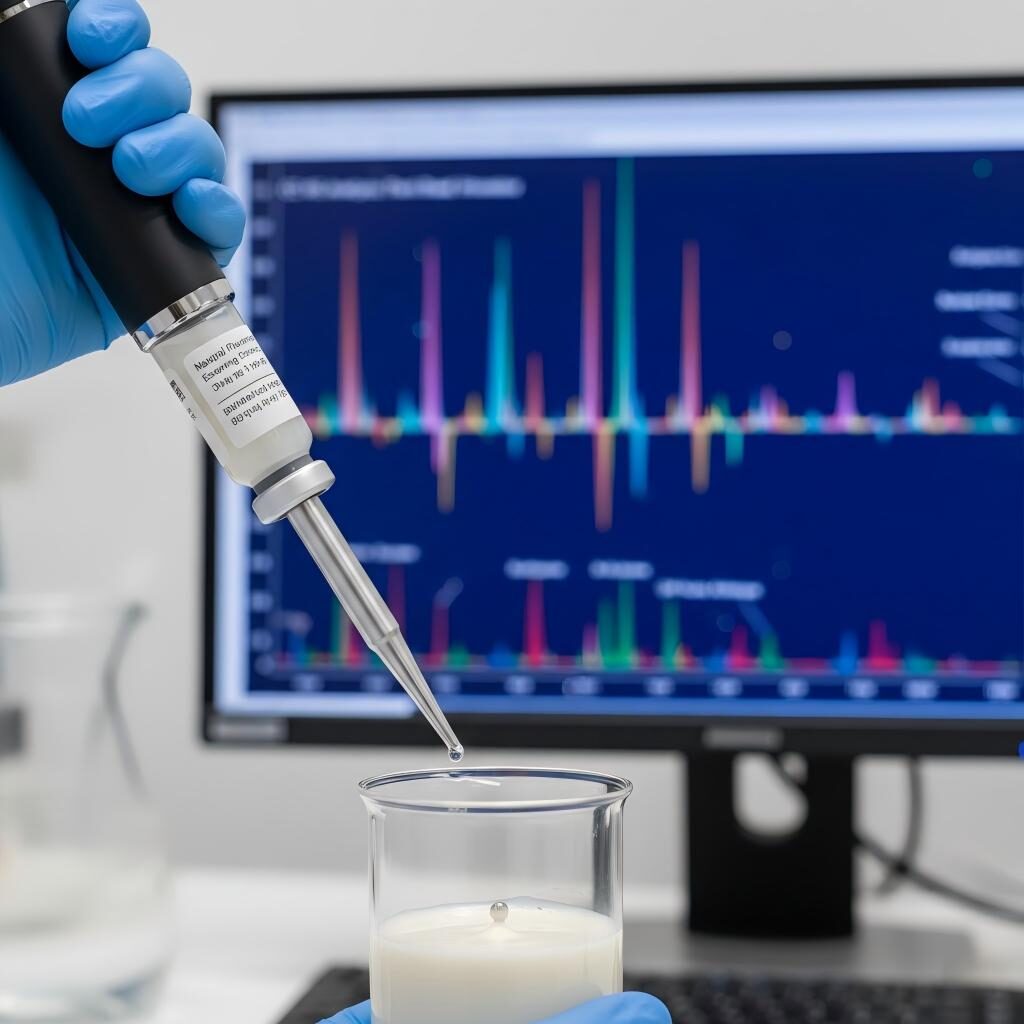 Un environnement de laboratoire professionnel illustrant l'utilisation des données GC-MS pour guider la formulation précise d'essences aromatiques dans des bases de protéines végétales.
