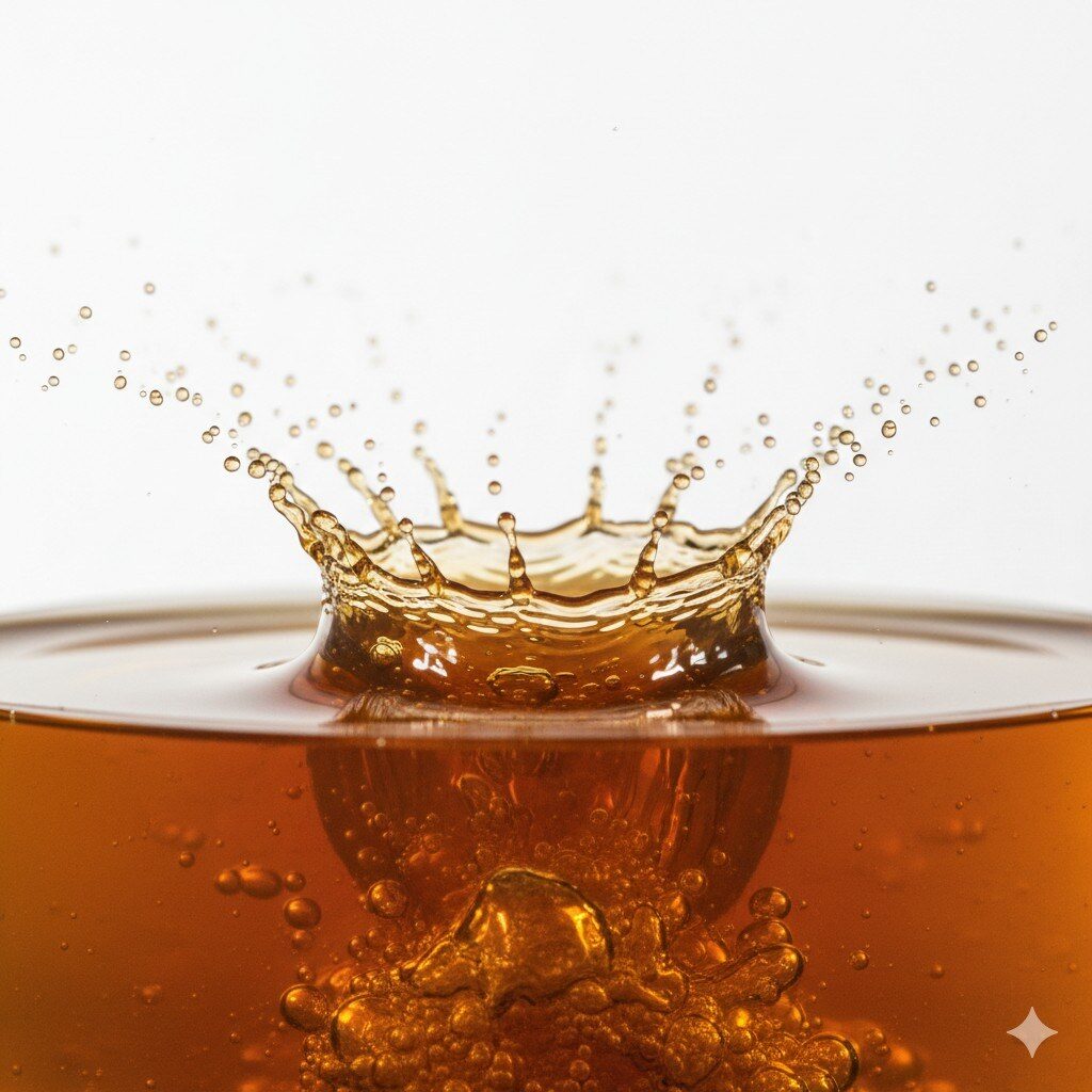 Une photographie nette et à grande vitesse d'une éclaboussure de kombucha sur fond blanc, mettant en valeur les fines bulles et la viscosité naturelle d'une boisson fermentée de qualité supérieure.
